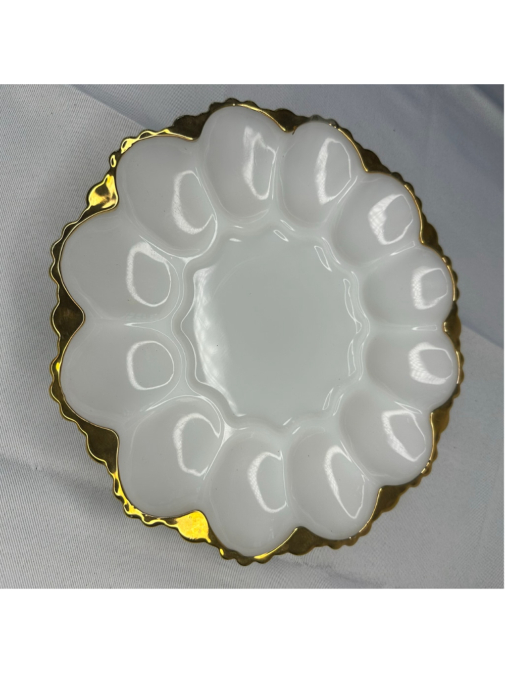 Vintage MCM White Milk Glass Deviled Egg Plate with Gold Rim – 10”